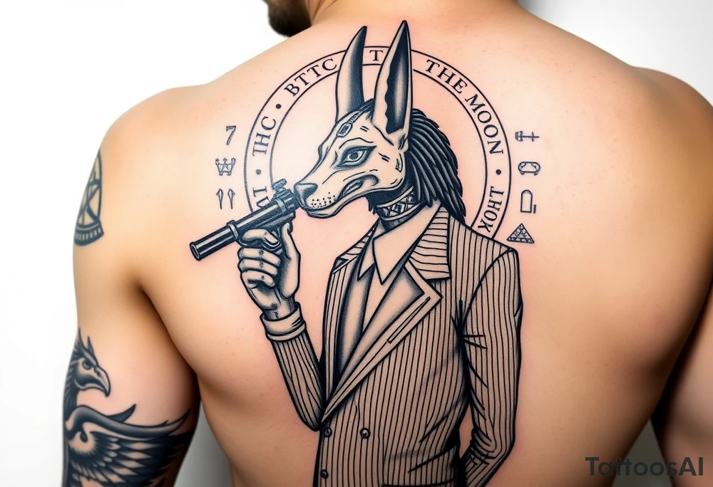 "Anubis in a 1920s gangster pinstripe suit, holding a tommy gun. His jackal head is half-cyborg (exposed circuits). Hieroglyph background spells 'BTC TO THE MOON'.  

Style: Art Deco meets cyber-Egyptian. Black/red/gold ink. Forearm sleeve." tattoo idea