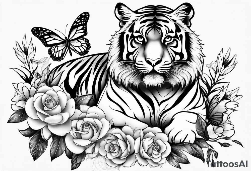 tiger, 3 butterflies, flowers for ladies thigh / hip shaded tattoo idea