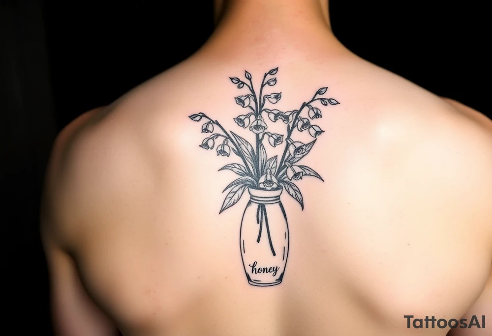 lily of the valley and hawthorn flowers in  vase that says 'honey' on it tattoo idea