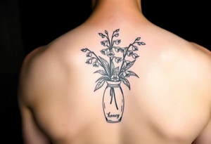 lily of the valley and hawthorn flowers in  vase that says 'honey' on it tattoo idea