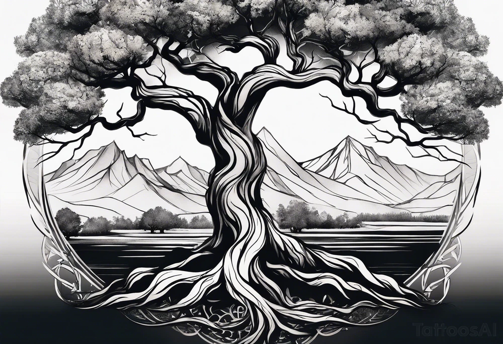 minimalistic Yggdrasil tree with no leaves tattoo idea