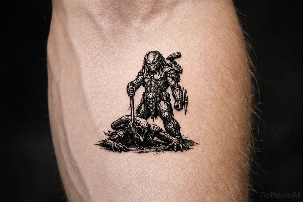 predator killing an alien, alien is crawling from the ground, predator stands tall driving his spear through the xeno's head with his right arm. predator is proud, add his laser gun on his left  shoulder pointing at the alien, and his left forearm has the 2 fangs that comes out of it as standard on predator pictures tattoo idea