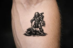 predator killing an alien, alien is crawling from the ground, predator stands tall driving his spear through the xeno's head with his right arm. predator is proud, add his laser gun on his left  shoulder pointing at the alien, and his left forearm has the 2 fangs that comes out of it as standard on predator pictures tattoo idea