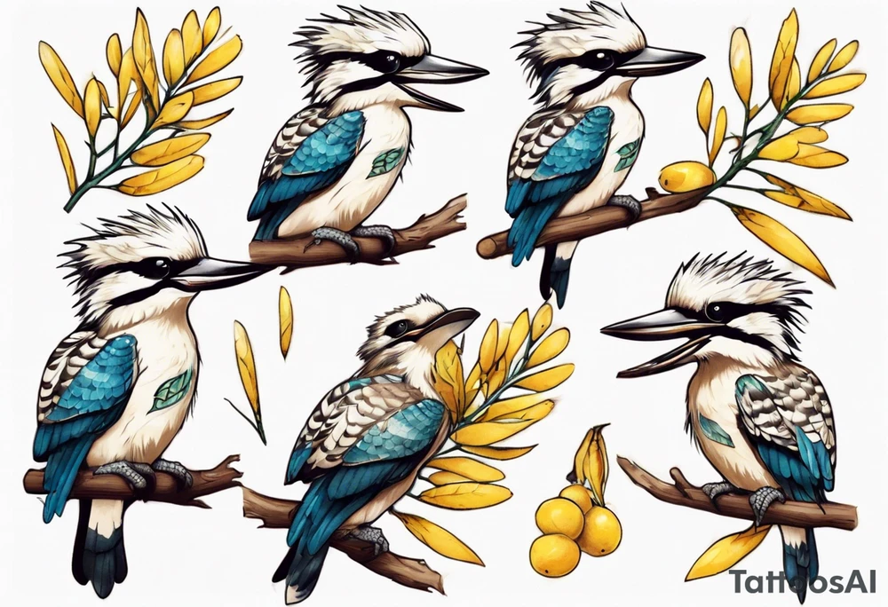 Small kookaburra holding wattle leaves tattoo idea