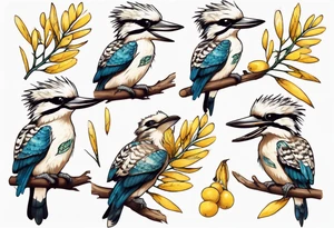 Small kookaburra holding wattle leaves tattoo idea