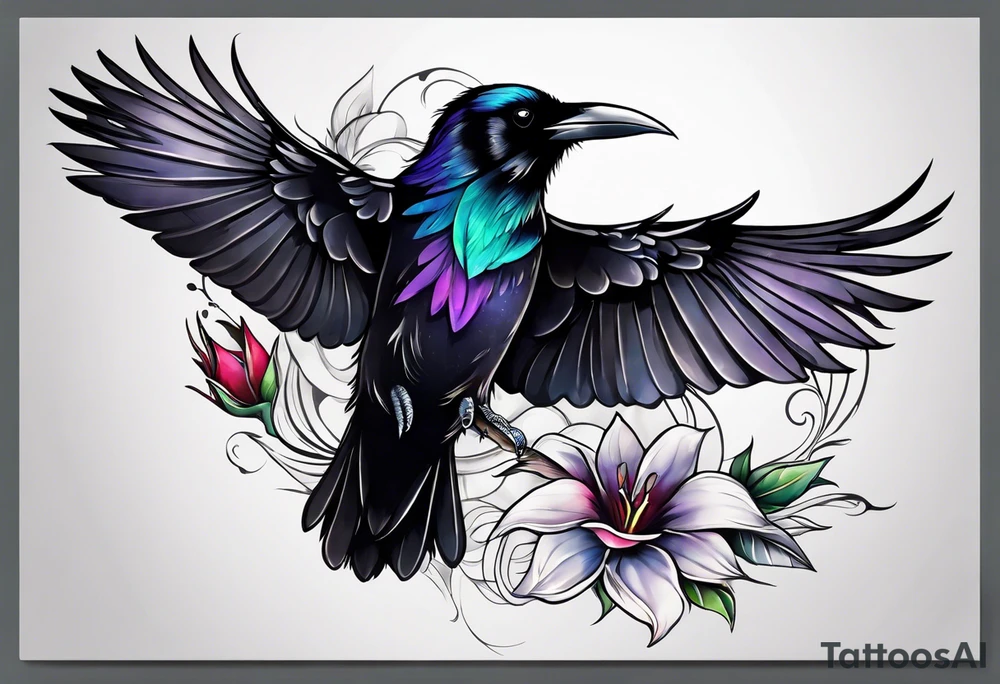 raven above a hummingbird with the raven facing right and the hummingbird facing left tattoo idea