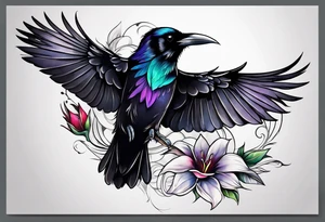 raven above a hummingbird with the raven facing right and the hummingbird facing left tattoo idea