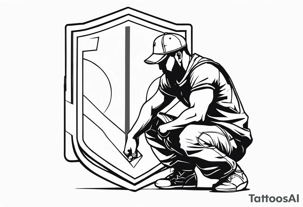 man crouched holding shield tattoo idea