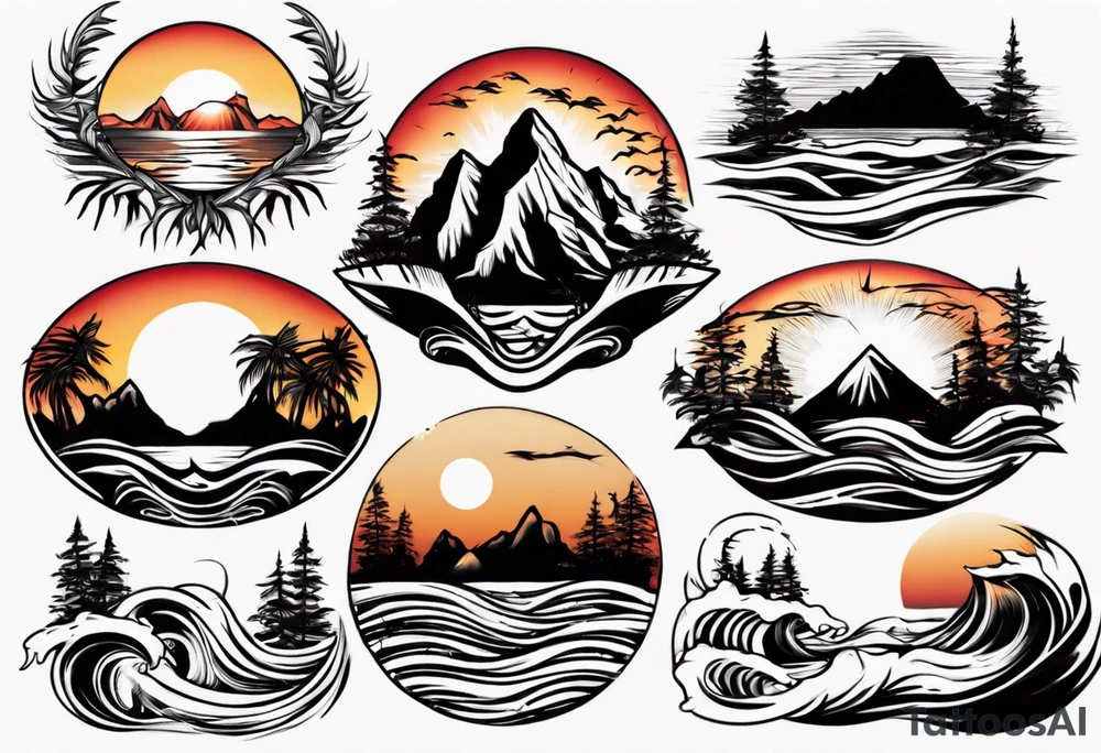 mountains, beach, waves, sunset, trees tattoo idea