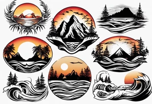 mountains, beach, waves, sunset, trees tattoo idea
