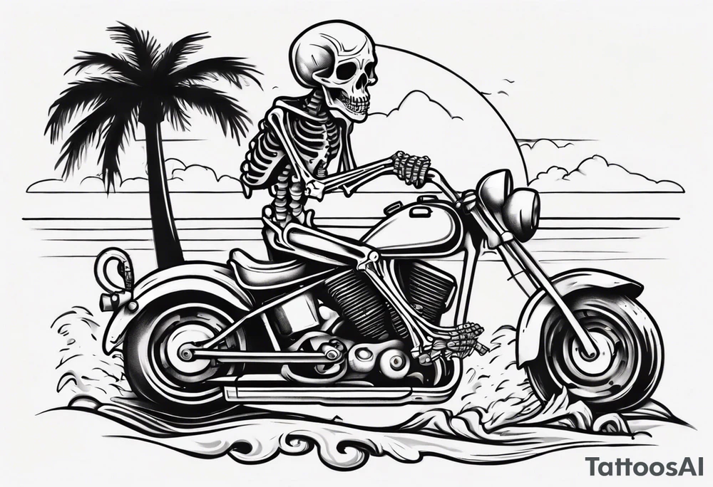 A skeleton riding a motorcycle on the beach with palm trees drinking a beer tattoo idea