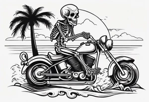 A skeleton riding a motorcycle on the beach with palm trees drinking a beer tattoo idea