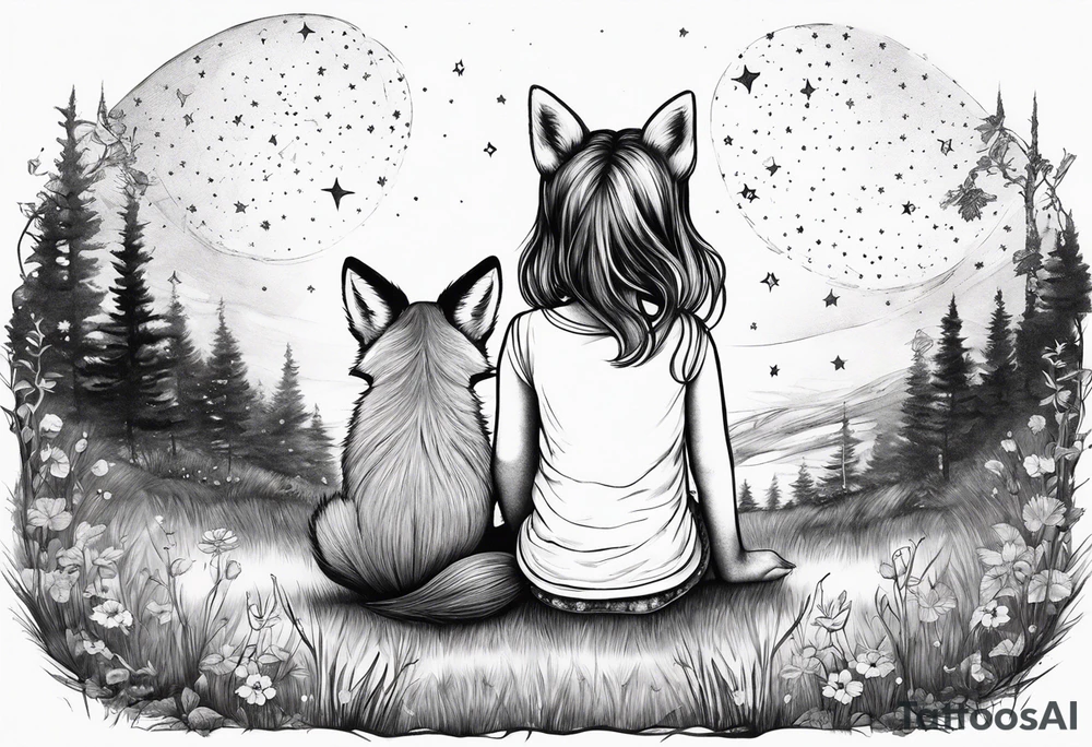 sitting from behind looking at the stars, a little girl and a fox sitting in the grass tattoo idea