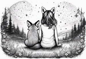 sitting from behind looking at the stars, a little girl and a fox sitting in the grass tattoo idea