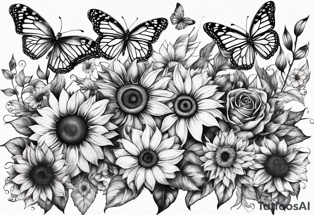 arm sleeve with cross, rainbow sunflowers and butterflies tattoo idea