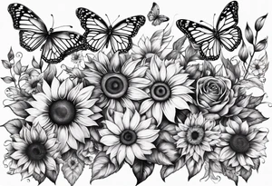 arm sleeve with cross, rainbow sunflowers and butterflies tattoo idea