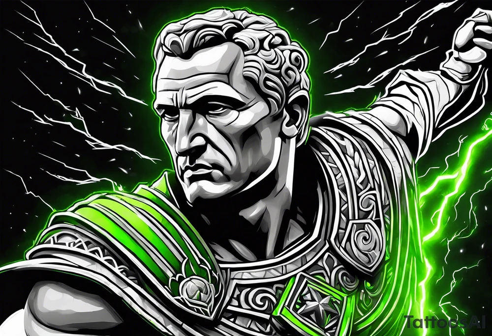 Julius Caesar tattoo with streaks of neon green lightning in the background tattoo idea