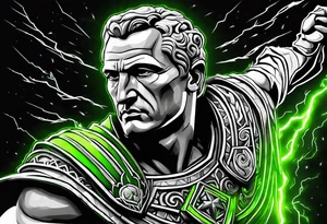 Julius Caesar tattoo with streaks of neon green lightning in the background tattoo idea