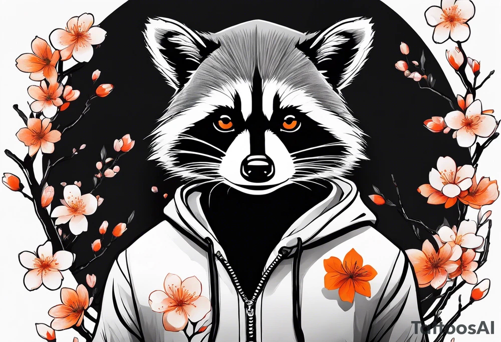 raccoon wearing a black and white Superman hoodie with orange Japanese cherry blossoms tattoo idea