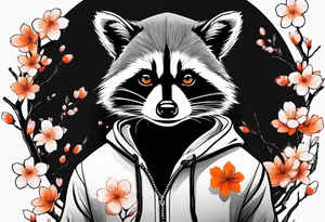 raccoon wearing a black and white Superman hoodie with orange Japanese cherry blossoms tattoo idea