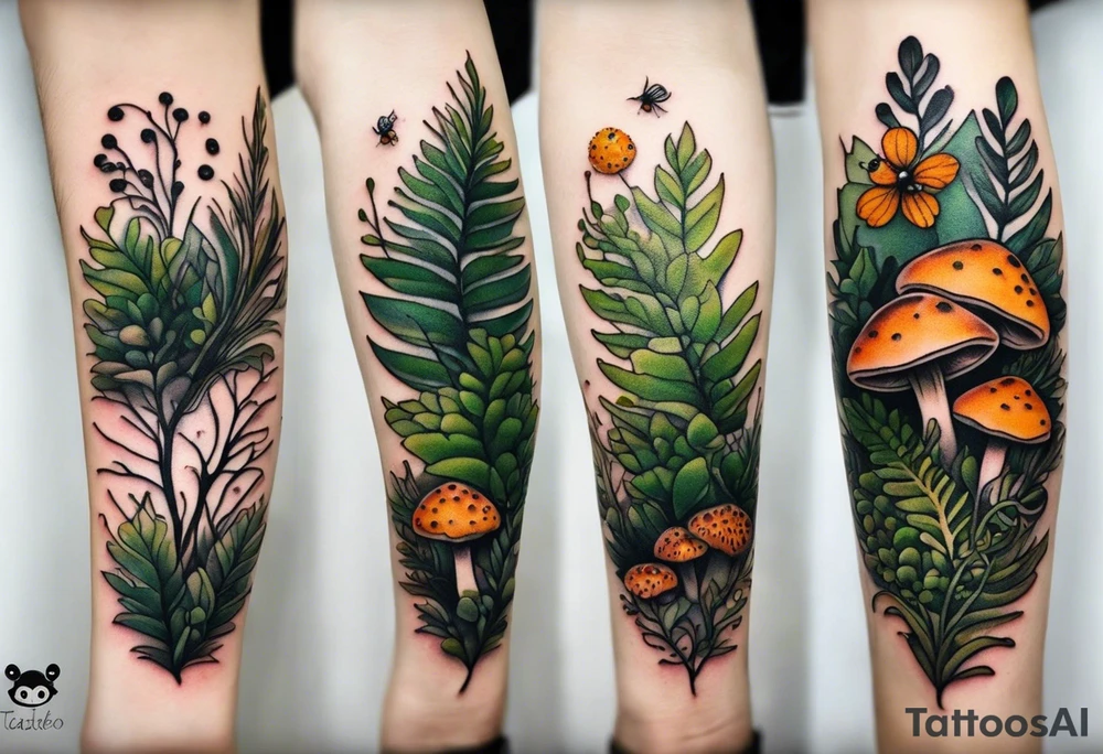 minimalistic forest floor inspired tattoo, which includes grass, moss, curly ferns and dead leaves as the bulk of the tattoo. details to include: forest berries, couple of very small brown mushrooms, a tiny bumblebee flying nearby tattoo idea