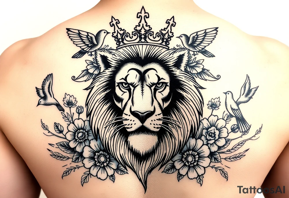 powerful majestic lion with a crown, surrounded by floral ornaments and birds tattoo idea