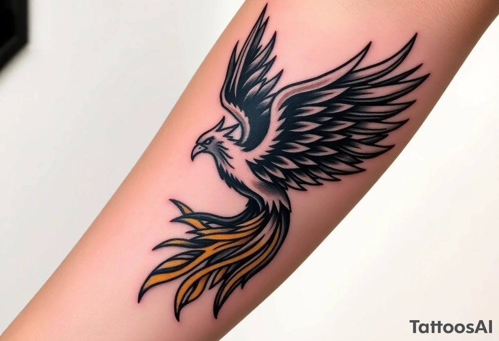 magnificent phoenix rising from golden flames with trailing embers tattoo idea