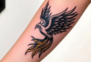 magnificent phoenix rising from golden flames with trailing embers tattoo idea