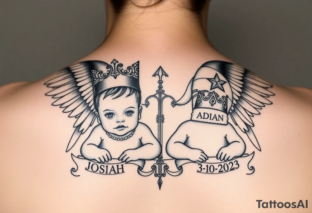 powerful beautiful realistic Women Angel with 2 baby boys one 1 almost 2 years older then the other  both boys wearki g king crowns with the names JOSIAH  and under name JOSIAH  romen numerals 7-06-2021 & the other younger baby in his crown saying ADIAN and under his name 3-10-2023 in roman numerals tattoo idea