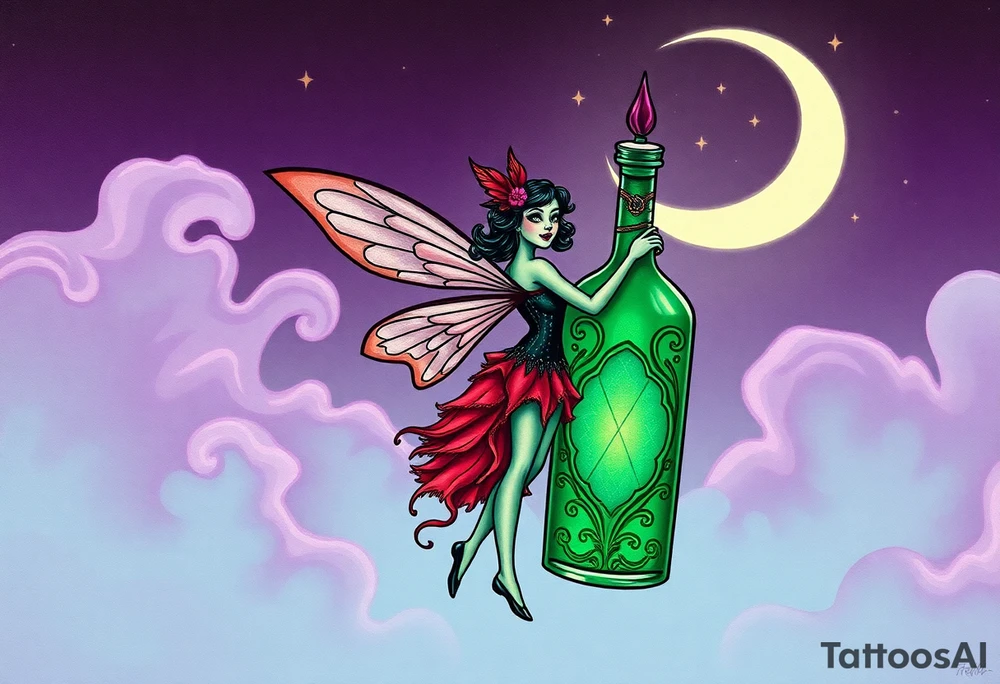 Tim Burton’s kelly doty pin up style Vintage Parisian elegant and hauntingly beautiful yet eerie full body absinthe Green Fairy dances outside her victorian crystal decatur she was once inside this elaborate ornate bottle absinthe bottle Absinthe Art Nouveau   and dripping with muted reds, dusty pinks, and eerie green glow.purple and cyan smokey clouds swirl in the crescent moonlit sky thats sprinkled with stars tattoo idea