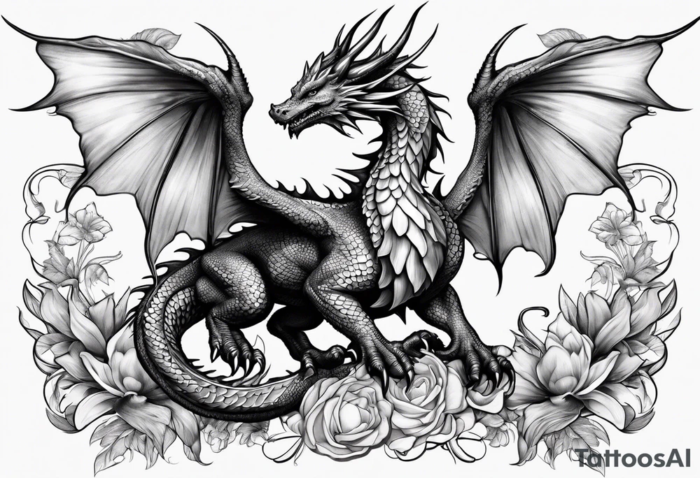 Beautiful female dragon with wings spread mushrooms in wings tattoo idea