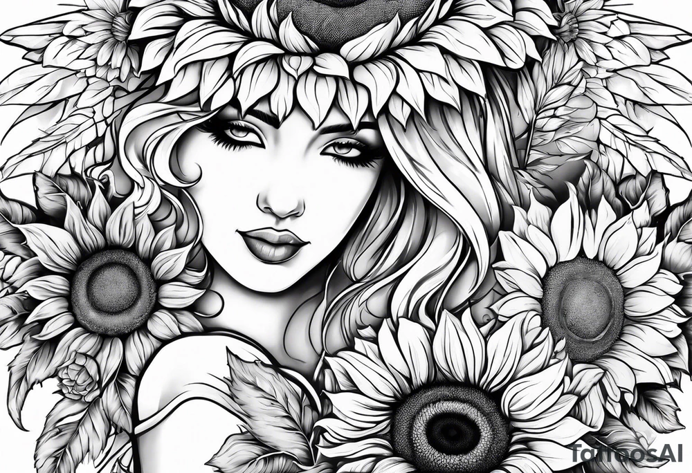 Sunflowers and angel wings leg sleeve tattoo idea