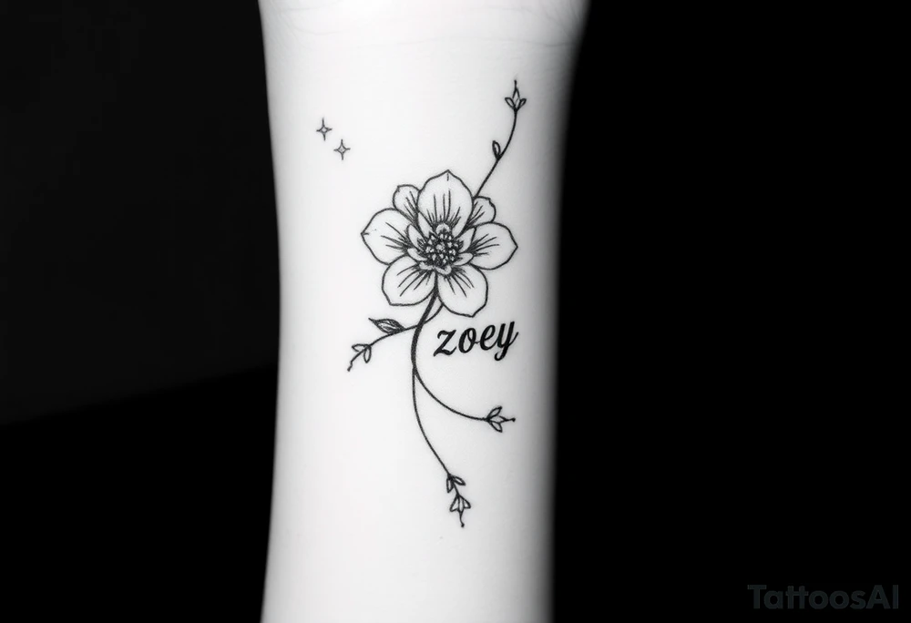 I want it on my wrist. I want a beautiful flower on the inside of my wrist with tendrils down the inside of my arm with little delicate stars or motes and the name Zoey

Why are you showing it on a back? I want it on the inside of my wrist

I want it to be a little smaller. I want the lines to be super fine. I want more organic delicate tendrils. The name Zoey should be about 3" up on the inside of my arm 

I just want the tendrils to look more natural and flowy and graceful.
I do not want stars in it anymore. 
Please show it on the inside of the wrist with the blossom just below the palm and the tendrils curling up the inside of the arm. I want a little more tendrils with some little sparkles very delicate leading to the name
More options. Make it super delicate and graceful. The tendrils can have tiny delicate leaves 

It needs to be on the underside of the wrist on the inside flowing up the arm
More tendrils and more sparkles tattoo idea