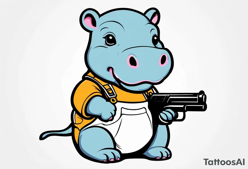 Baby hippo wearing overalls and holding a gun tattoo idea