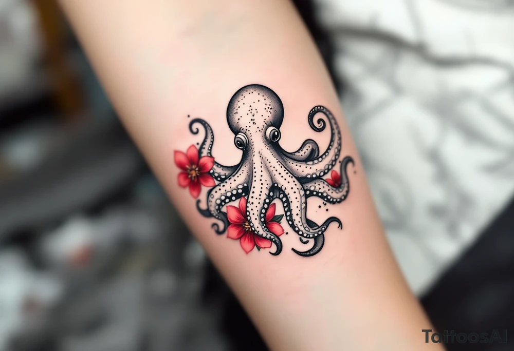 A small realistic black and grey tattoo of an octopus, cute, with detailed shading and soft linework, showing the octopus with swirling tentacles, on light skin. ornamental flowers around with red ink. The style is minimalistic and elegant, resembling fine-line tattoo with a shadow tattoo idea