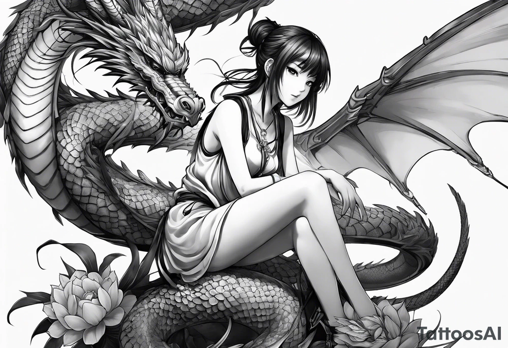 a full shot of an anime girl seen from far, sitting on a ball and surrounded by asian dragon with wings tattoo idea