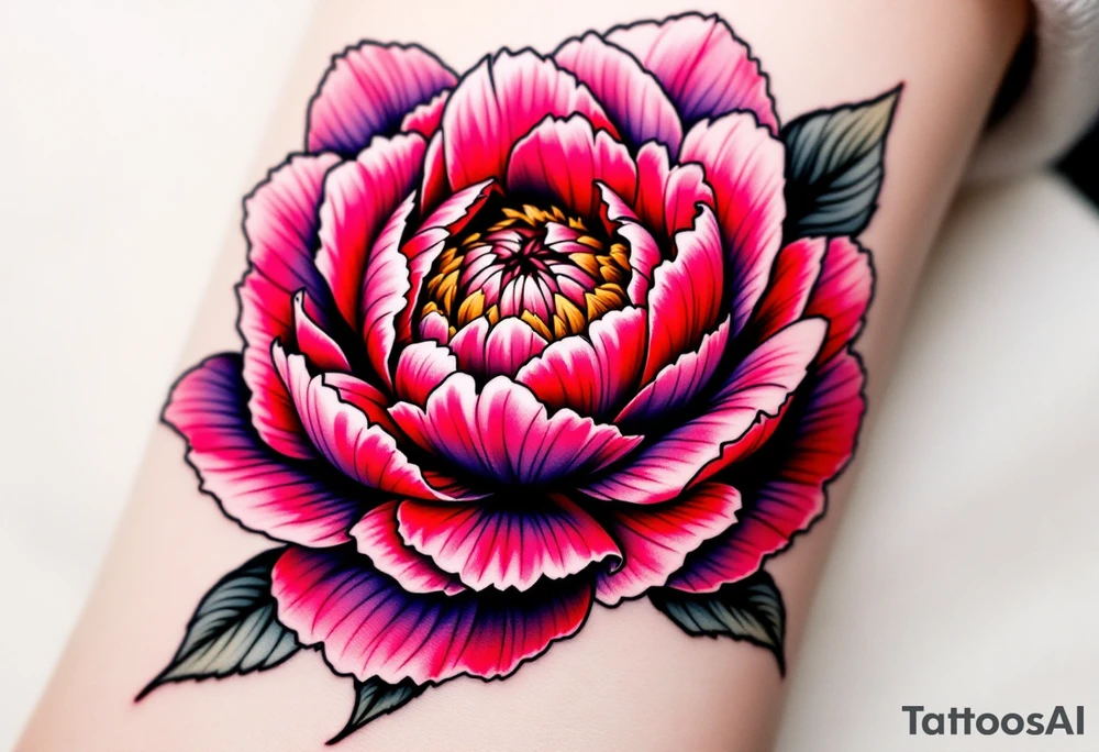 A large peony flower in shades of red and purple with bold black outlines. tattoo idea