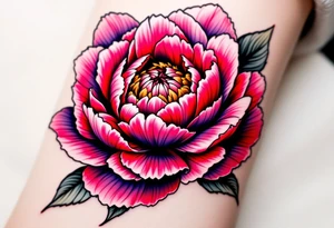A large peony flower in shades of red and purple with bold black outlines. tattoo idea