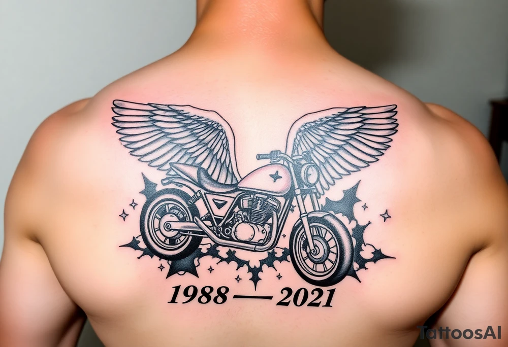Dale Earnhardt car on it with the year 1958 - 2021 intertwined with a motorcycle on it with guardian angel wolves tattoo idea