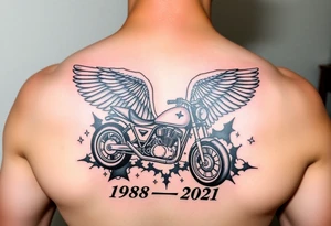 Dale Earnhardt car on it with the year 1958 - 2021 intertwined with a motorcycle on it with guardian angel wolves tattoo idea