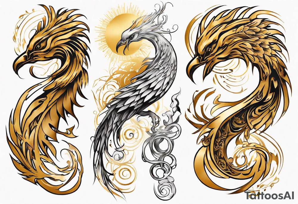 Sleeve tattoo on a woman's arm. Gold Phoenix tattoo idea
