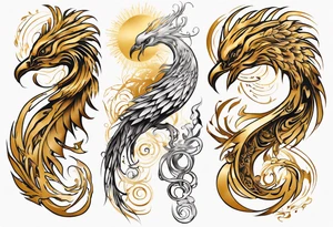 Sleeve tattoo on a woman's arm. Gold Phoenix tattoo idea