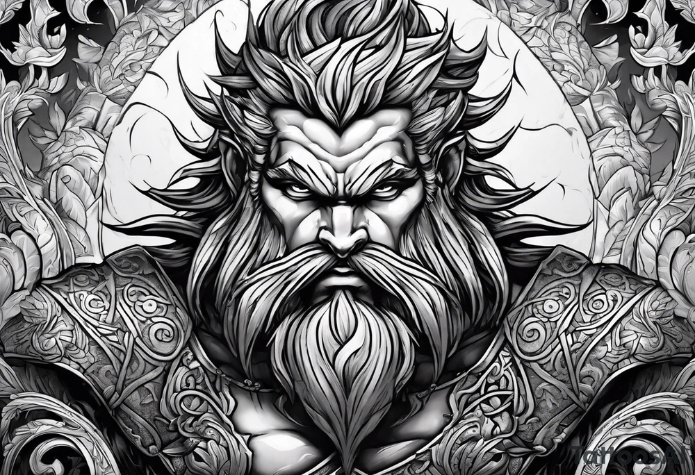 full body strong mythical giant turned to the side about to punch something stipple shading tattoo idea