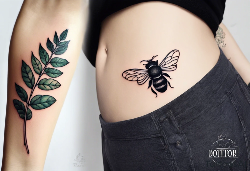 forest floor inspired minimalist tattoo, which includes grass, curly ferns, moss and dead leaves as the bulk of the tattoo. details to include: forest berries, a tiny bumblebee flying nearby, three small brown mushrooms
Generate a vertically long one tattoo idea