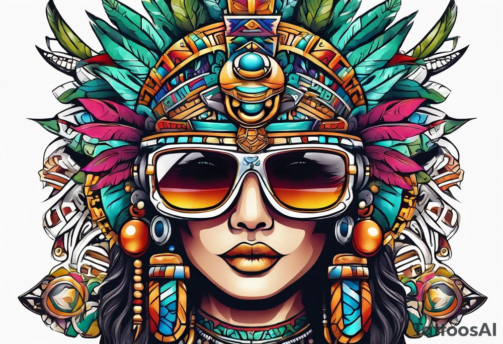 Colorful Mayan theme sunglasses tattoo idea