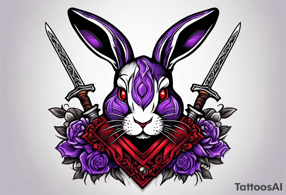 Black, red, and purple rabbit holding a sword tattoo idea