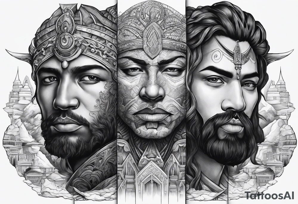 2 gods faces looking each other one morphs into a city and the other morphs into mountains tattoo idea