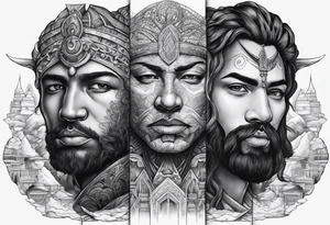 2 gods faces looking each other one morphs into a city and the other morphs into mountains tattoo idea