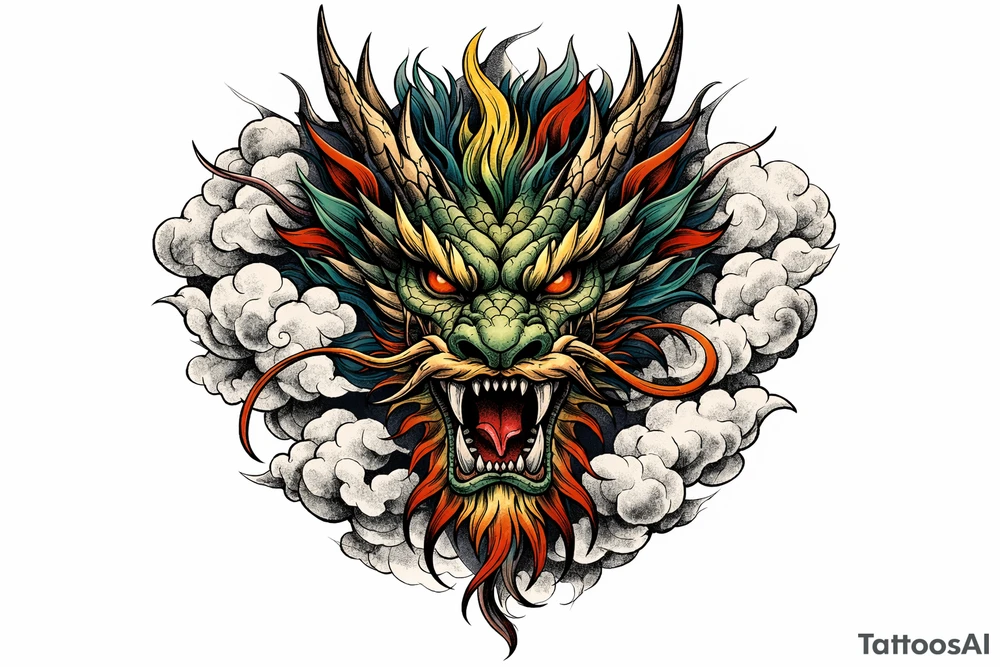 Mythical Chinese dragon head emerging from clouds, stylized, vibrant colors, full frontal view. tattoo idea
