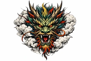 Mythical Chinese dragon head emerging from clouds, stylized, vibrant colors, full frontal view. tattoo idea